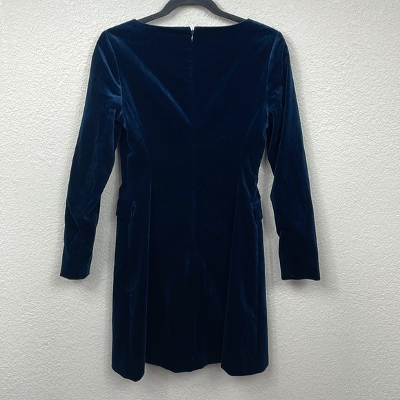 New Theory Stretch Velvet Velour Shift Dress Flap Pockets Long Sleeve Blue Sz 2 - Picture 4 of 11